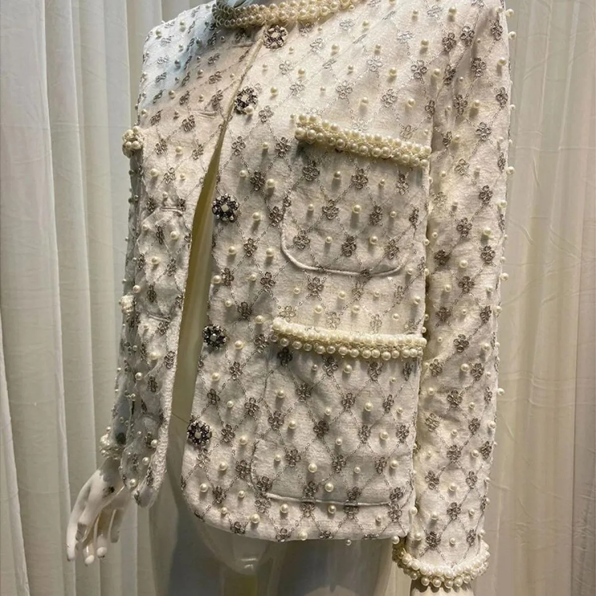 High Street Newest 2023 Fashion Designer Jacket Giacca da donna con girocollo in perle e diamanti