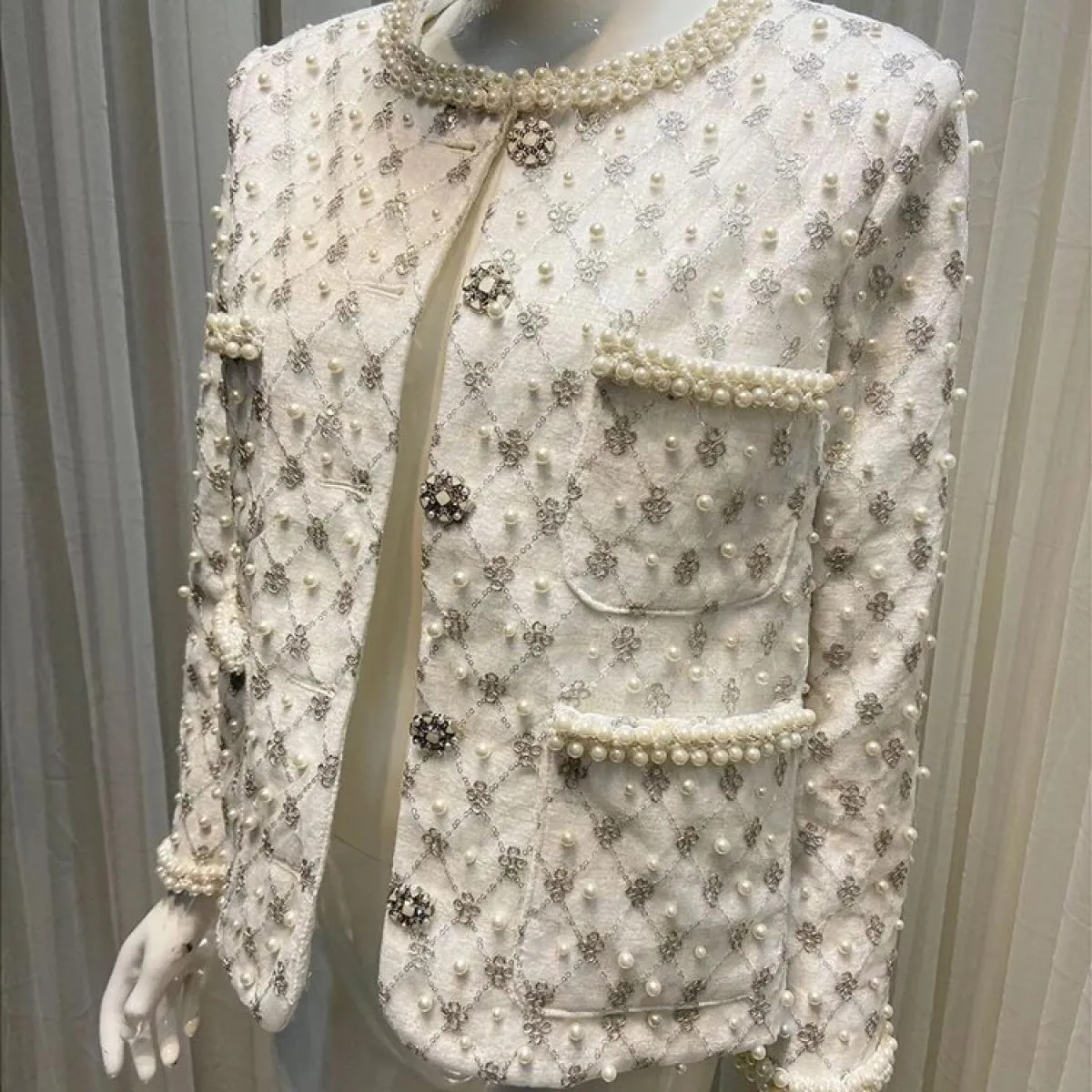 High Street Newest 2023 Fashion Designer Jacket Giacca da donna con girocollo in perle e diamanti