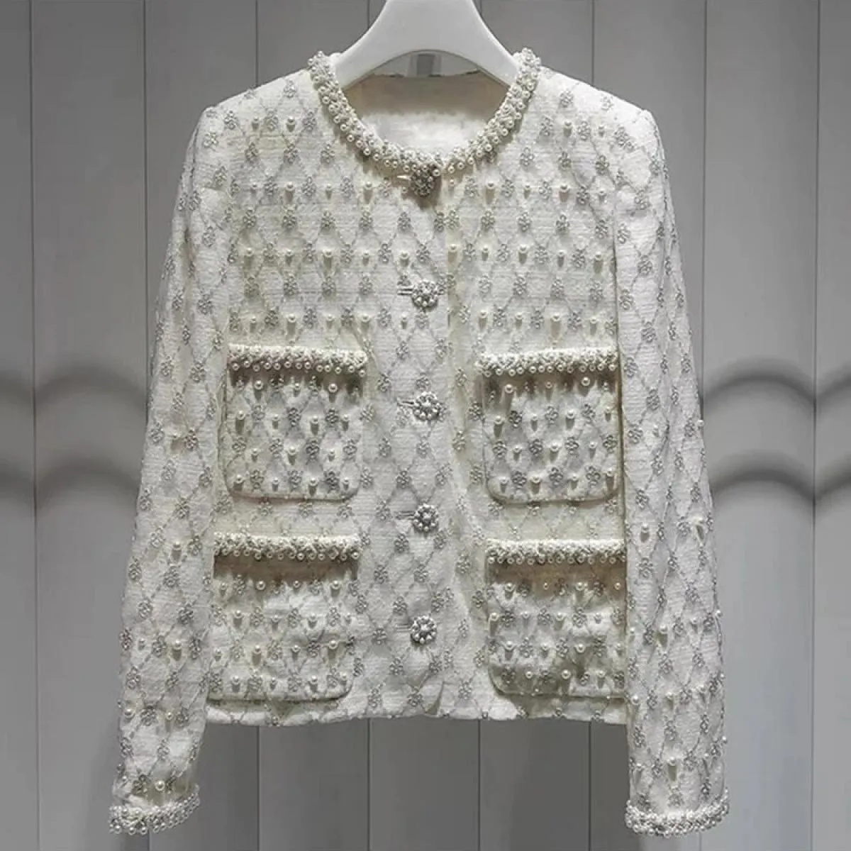 High Street Newest 2023 Fashion Designer Jacket Giacca da donna con girocollo in perle e diamanti