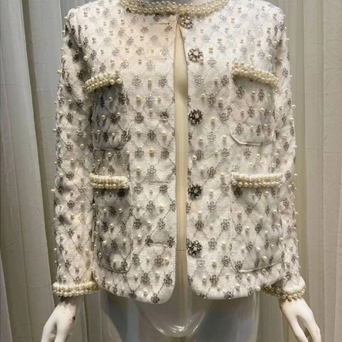 High Street Newest 2023 Fashion Designer Jacket Giacca da donna con girocollo in perle e diamanti