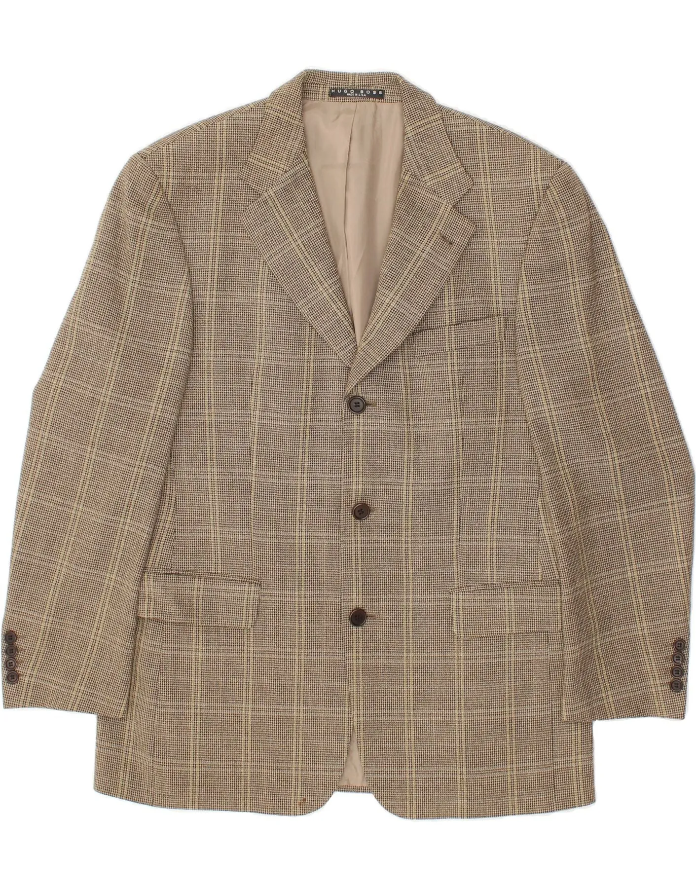 HUGO BOSS Mens 3 Button Blazer Jacket UK 40 Large Grey Houndstooth Wool