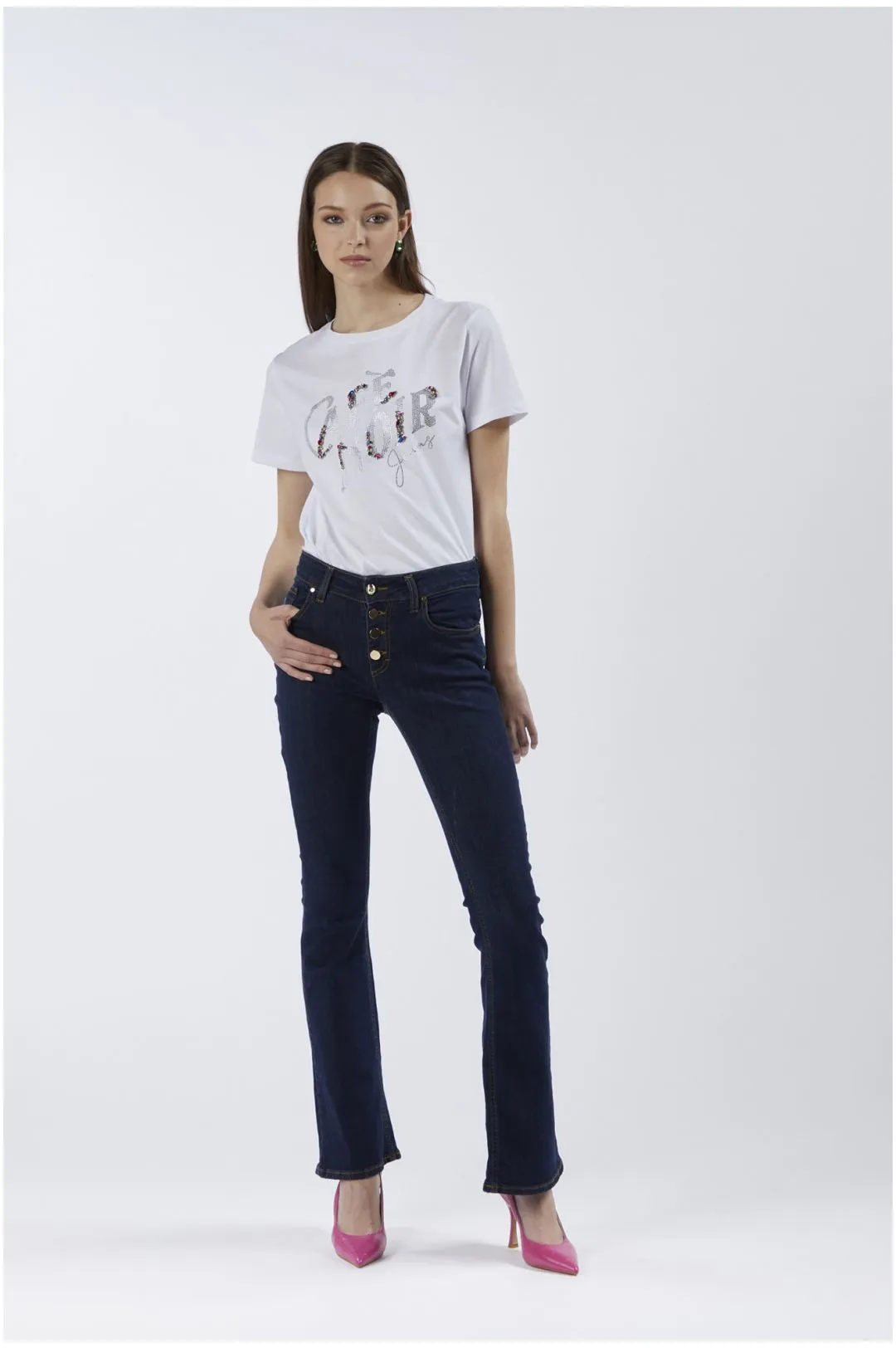 jeans denim flare con bottoniera indaco