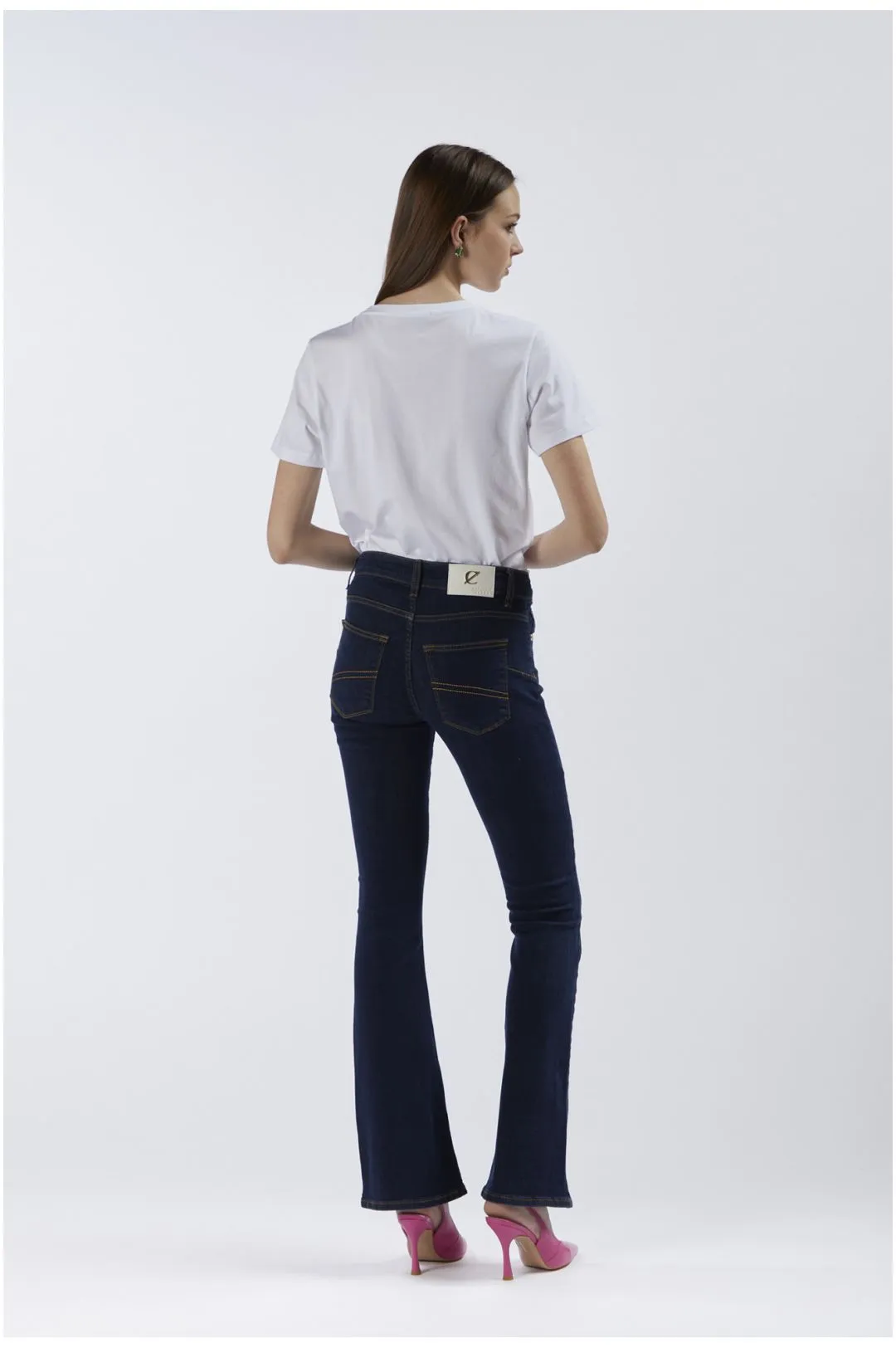 jeans denim flare con bottoniera indaco