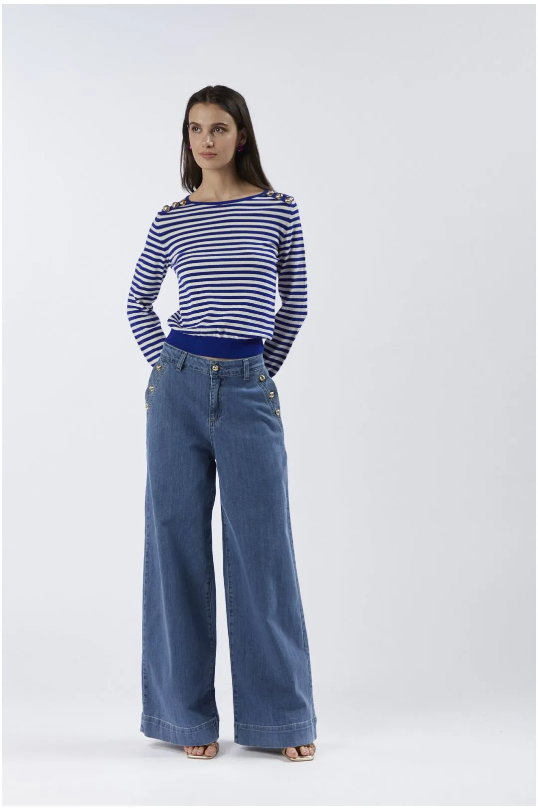 jeans denim super wide con bottoni alle tasche sky