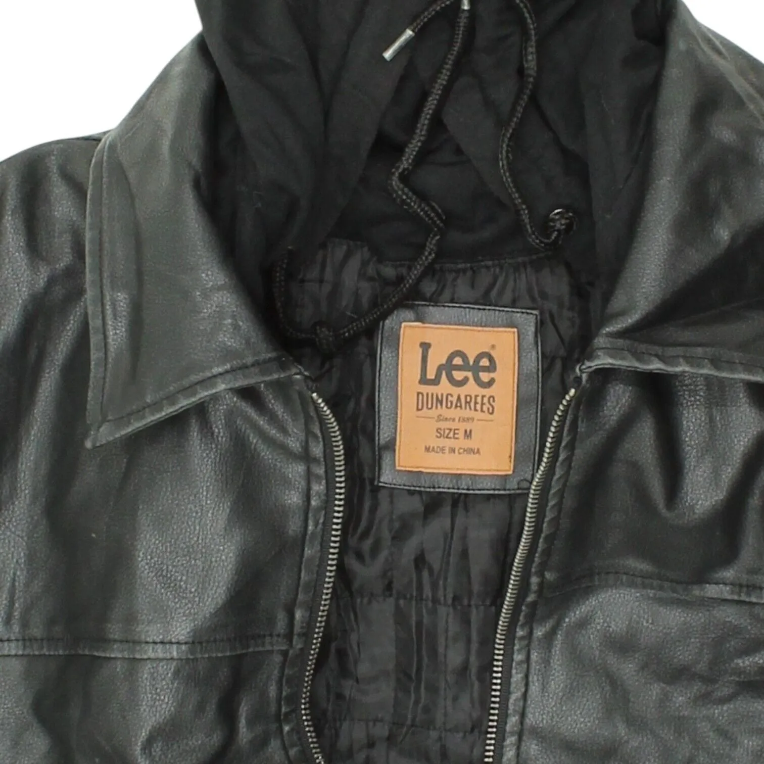 Lee Dungerees Mens Black Quilted Hooded Faux Leather Jacket | Vintage Designer
