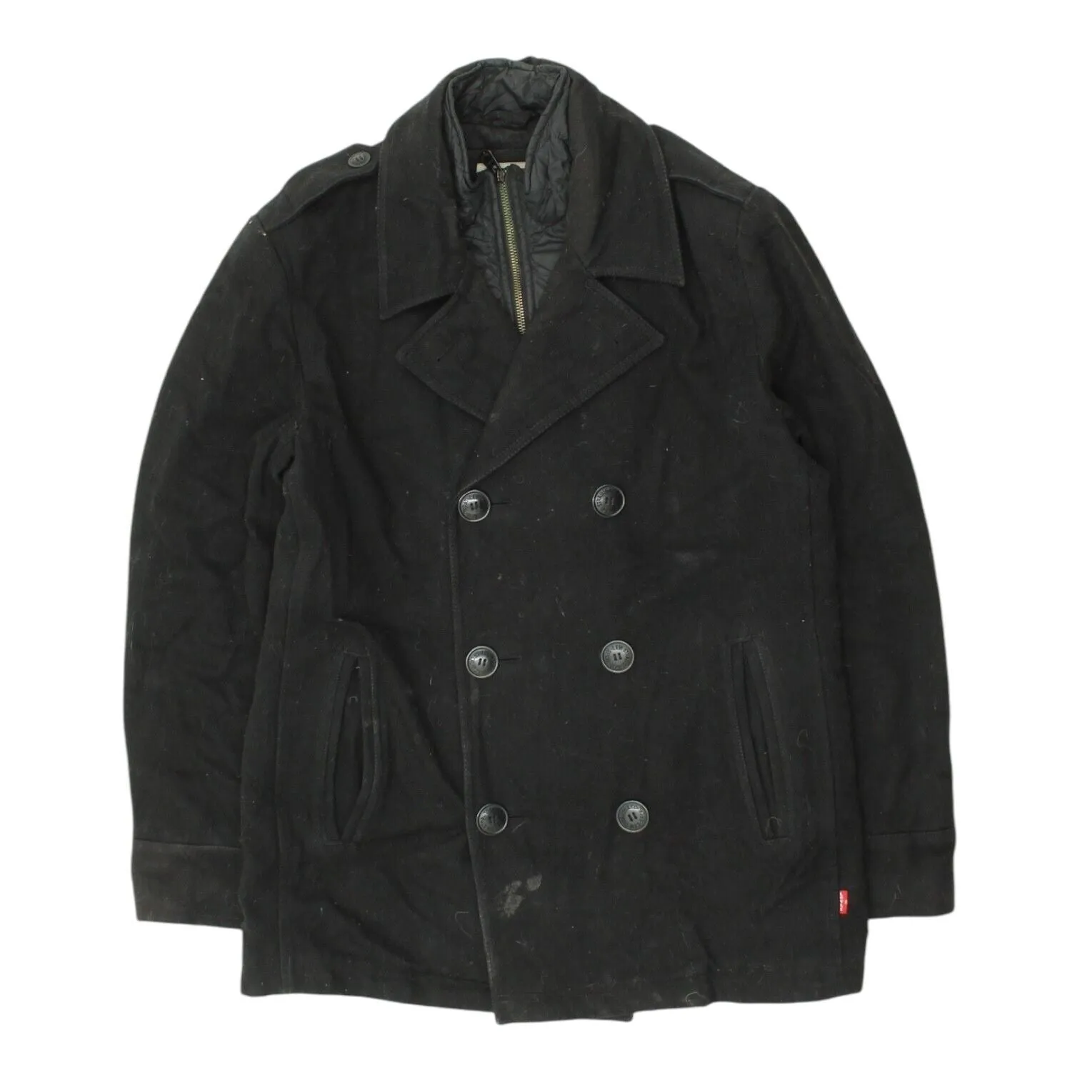 Levi's Mens Black Quilted Lined Wool Pea Coat | Vintage High End Designer Jacket