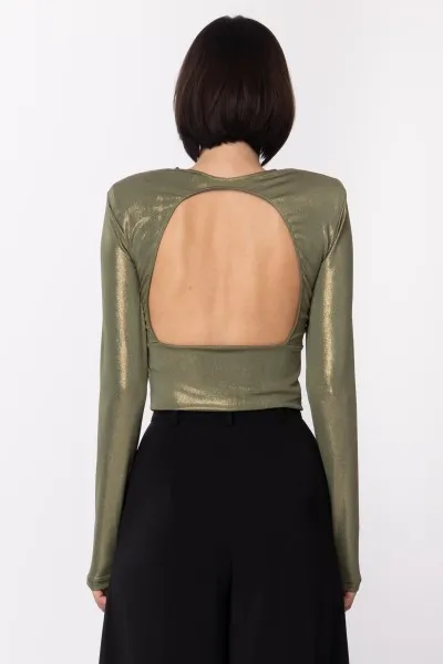 Maglia laminata con nodo e oblò sul retro VERDE OLIVA