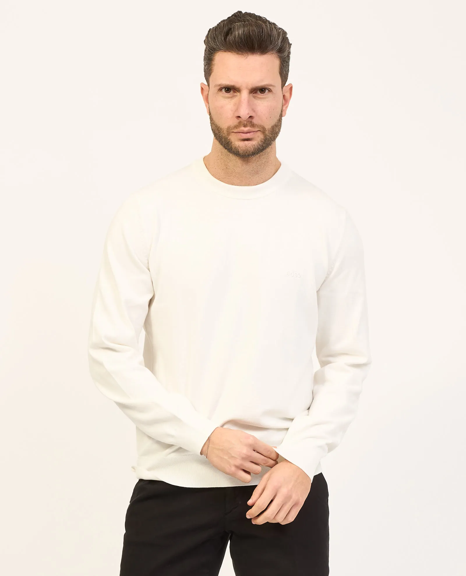 Maglia uomo Boss girocollo in cotone con logo ricamato