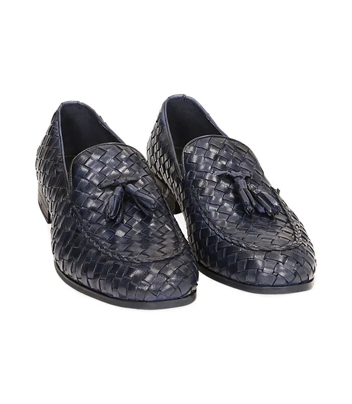 Mocassini intrecciati blu navy in pelle