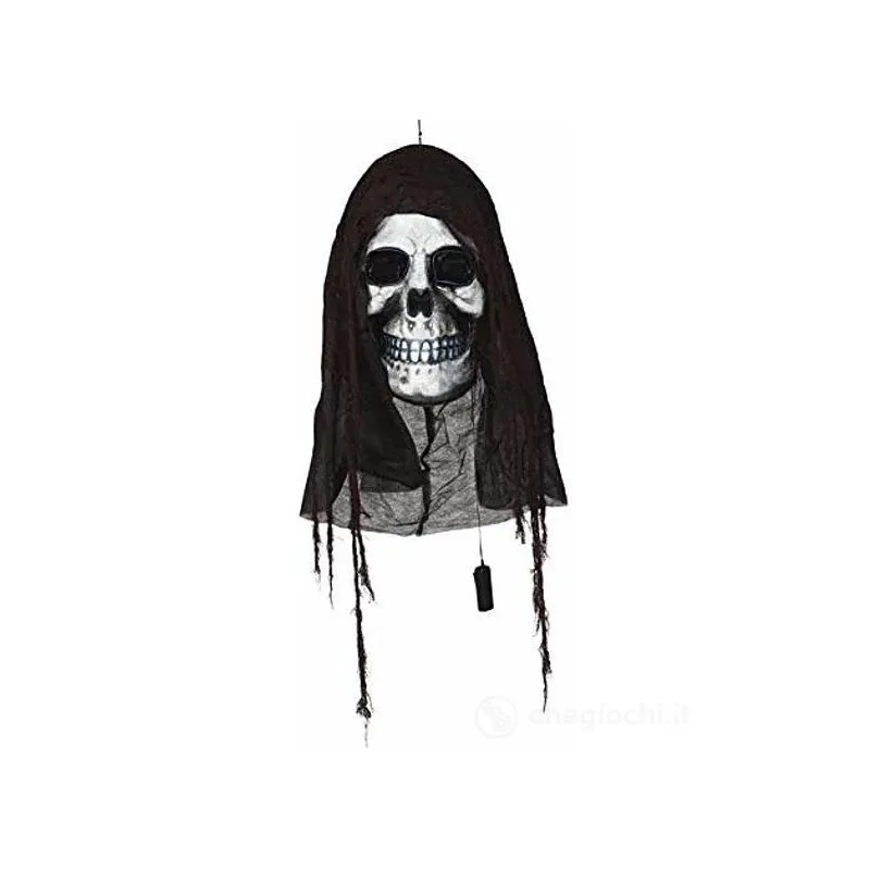 MOSTRO PENDENTE 155cm TESCHIO LUCI MULTIFUNZ.E STRACCI ADDOBBI SCHERZOSI PER SALE FESTE VETRINE E SCENE HORROR HALLOWEEN