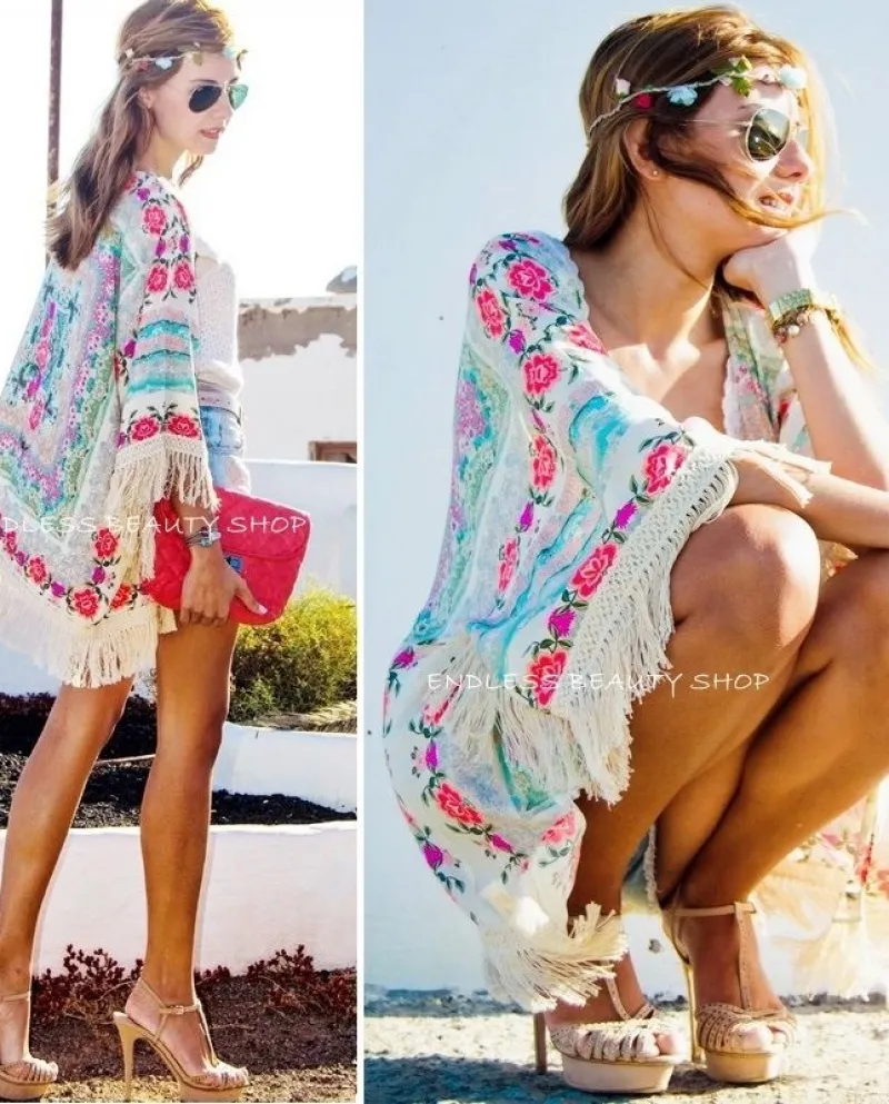 New Fashion Shirts Donna Boho Fringe Floral Kimono Cardigan Nappe Be