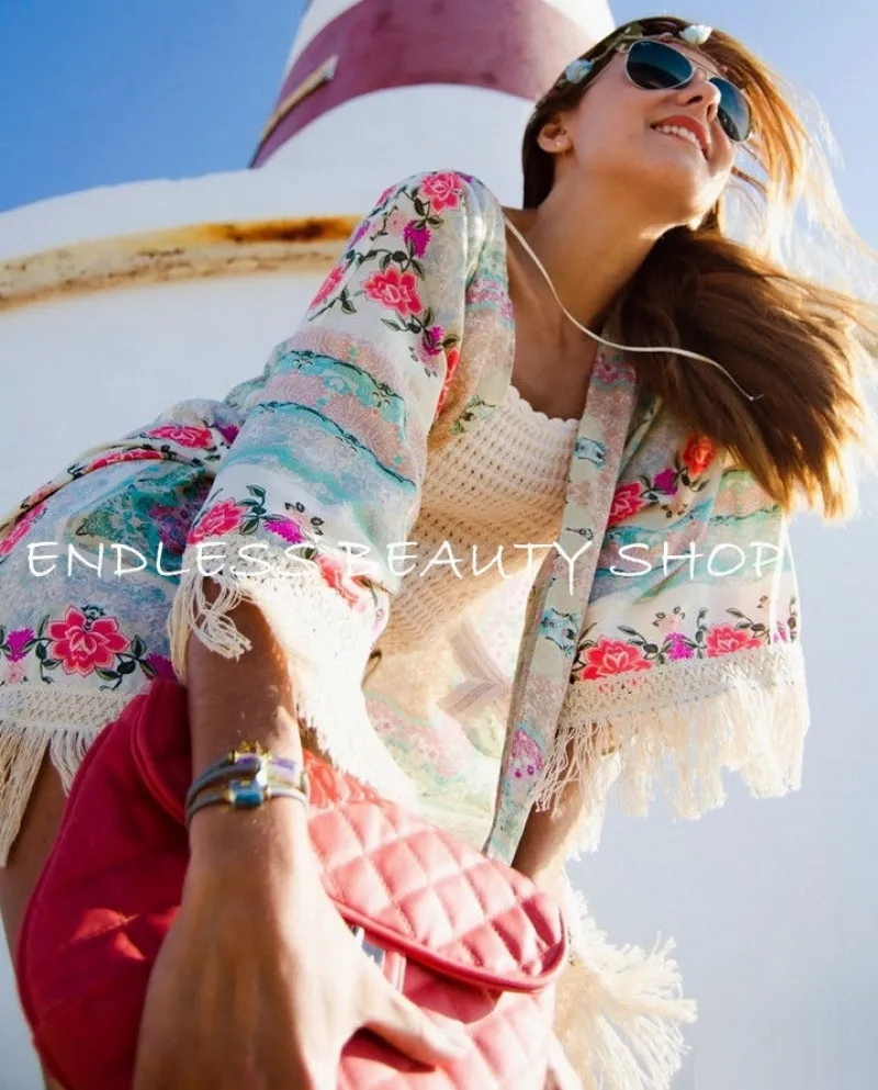 New Fashion Shirts Donna Boho Fringe Floral Kimono Cardigan Nappe Be