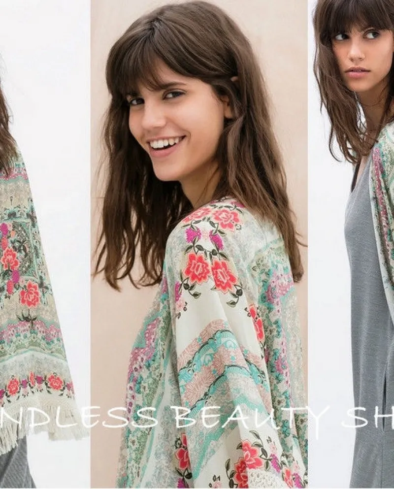 New Fashion Shirts Donna Boho Fringe Floral Kimono Cardigan Nappe Be