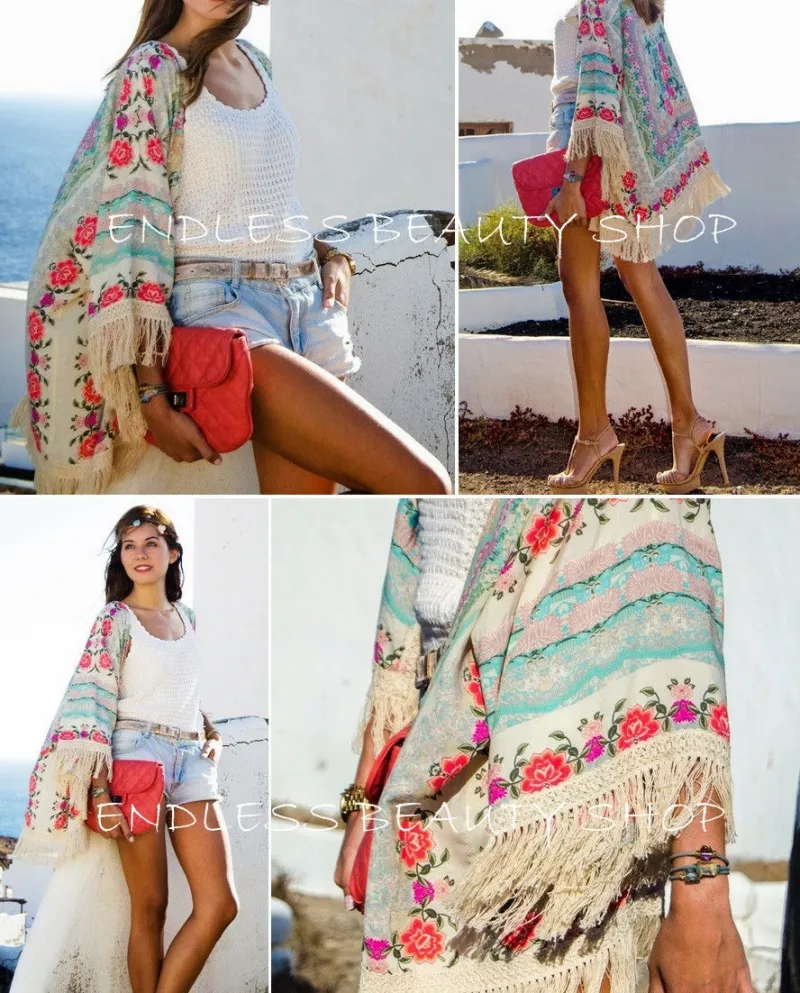 New Fashion Shirts Donna Boho Fringe Floral Kimono Cardigan Nappe Be