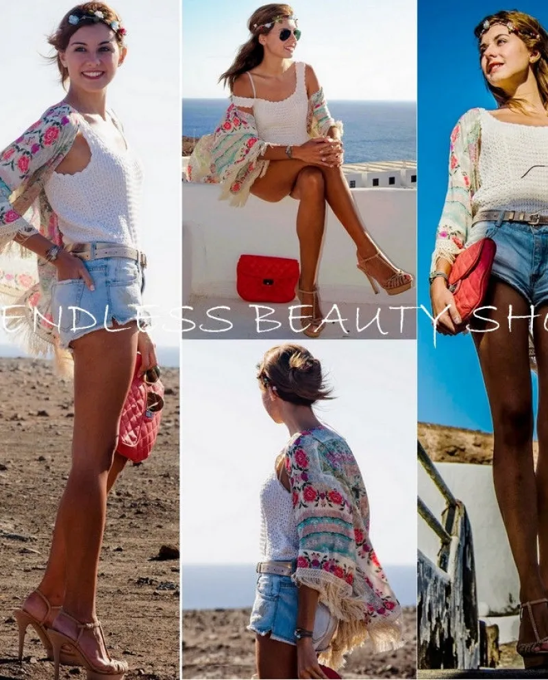 New Fashion Shirts Donna Boho Fringe Floral Kimono Cardigan Nappe Be