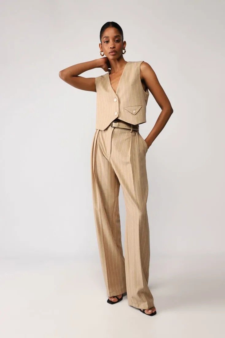 Pantaloni a palazzo a righe con pinces e cintura