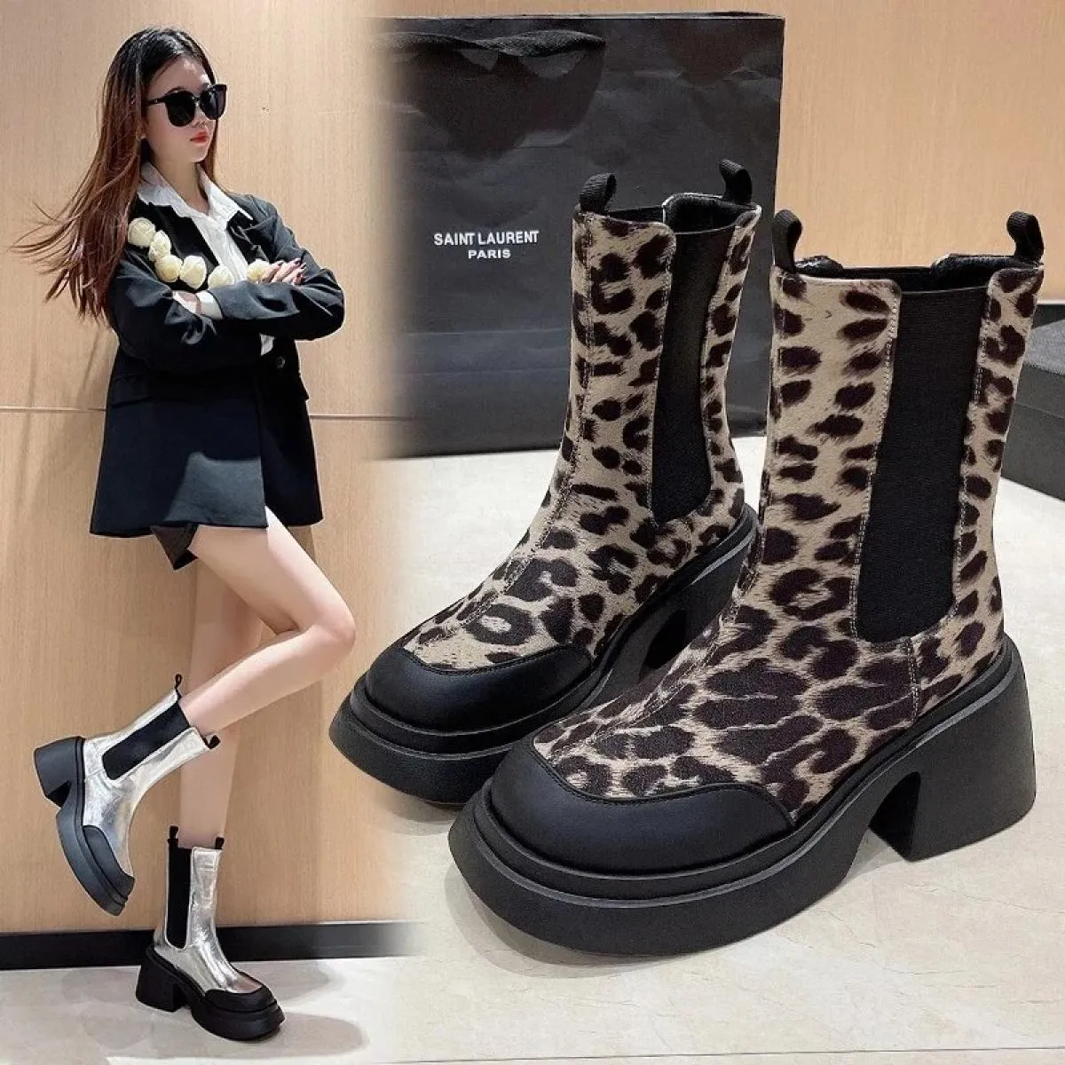 Stivaletti Chelsea da donna Zeppe con suola morbida Stivaletti da donna Tacco quadrato Stivaletti con testa tonda di colore moda