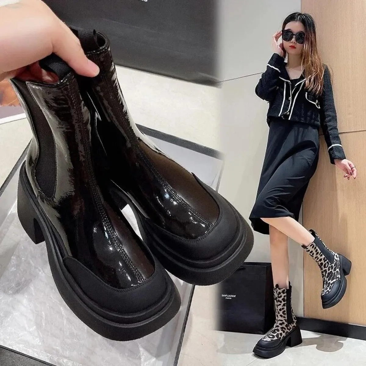 Stivaletti Chelsea da donna Zeppe con suola morbida Stivaletti da donna Tacco quadrato Stivaletti con testa tonda di colore moda