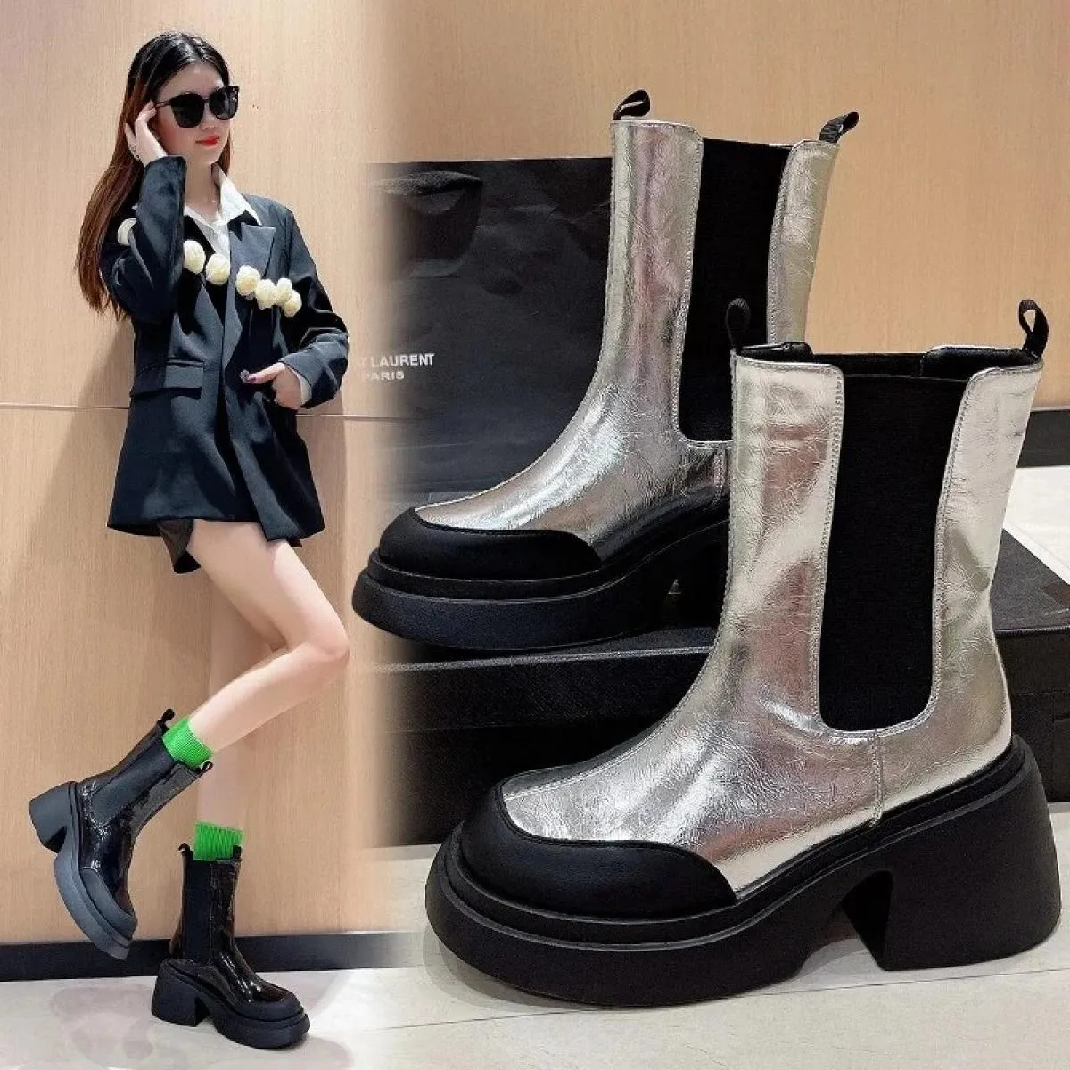 Stivaletti Chelsea da donna Zeppe con suola morbida Stivaletti da donna Tacco quadrato Stivaletti con testa tonda di colore moda