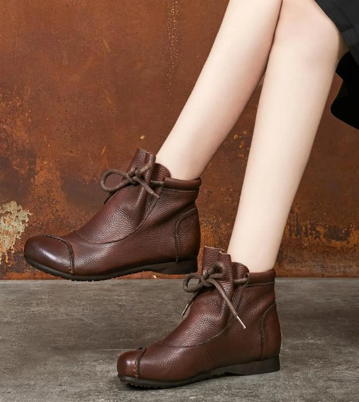 Stivaletti da donna in vera pelle PU Stivaletti da donna comodi stile semplice Stivaletti con fondo morbido con lacci Nero Marro