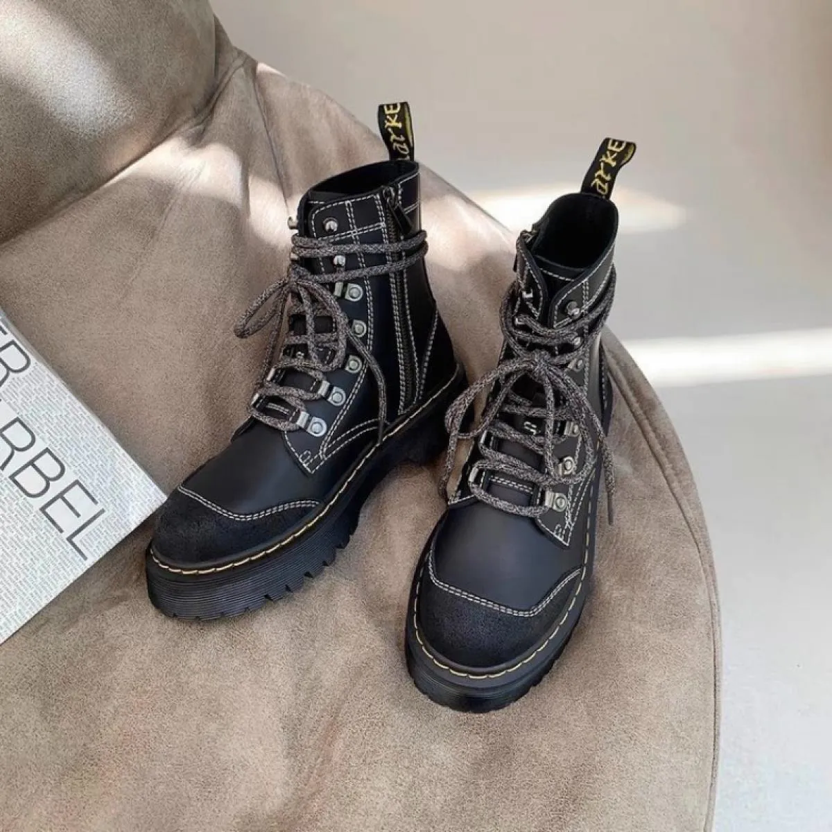 Stivaletti da donna Stivaletti da moto con fascia spessa e plateau Scarpe invernali da donna Stivaletti corti con punta tonda fi