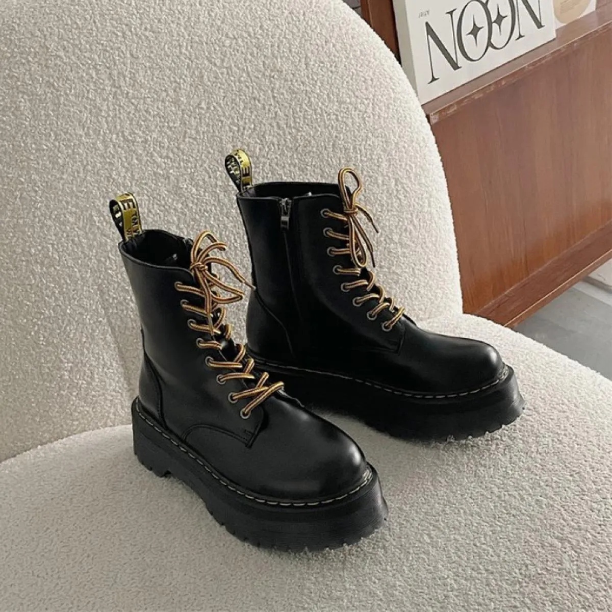 Stivaletti da donna Stivaletti da moto con fascia spessa e plateau Scarpe invernali da donna Stivaletti corti con punta tonda fi