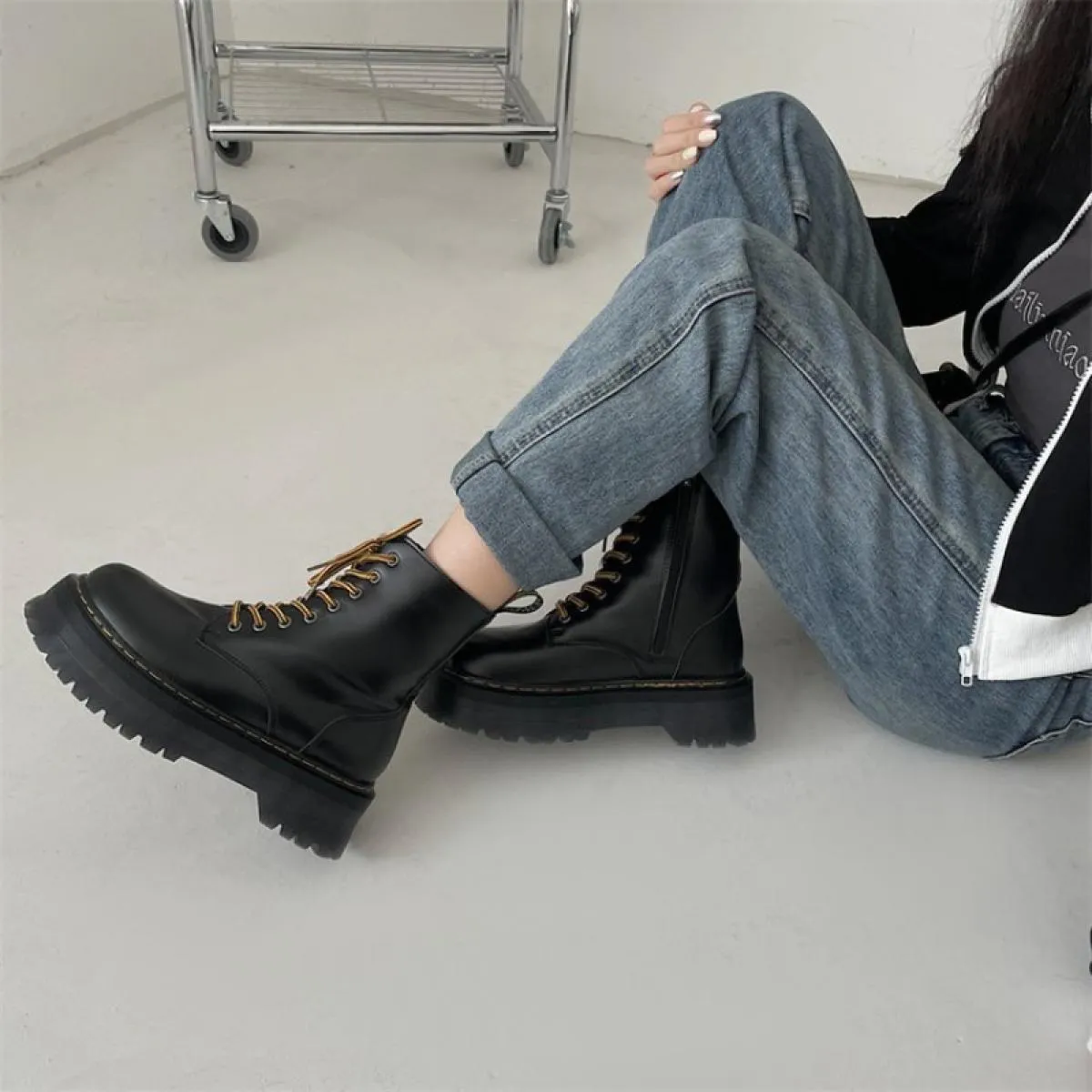 Stivaletti da donna Stivaletti da moto con fascia spessa e plateau Scarpe invernali da donna Stivaletti corti con punta tonda fi