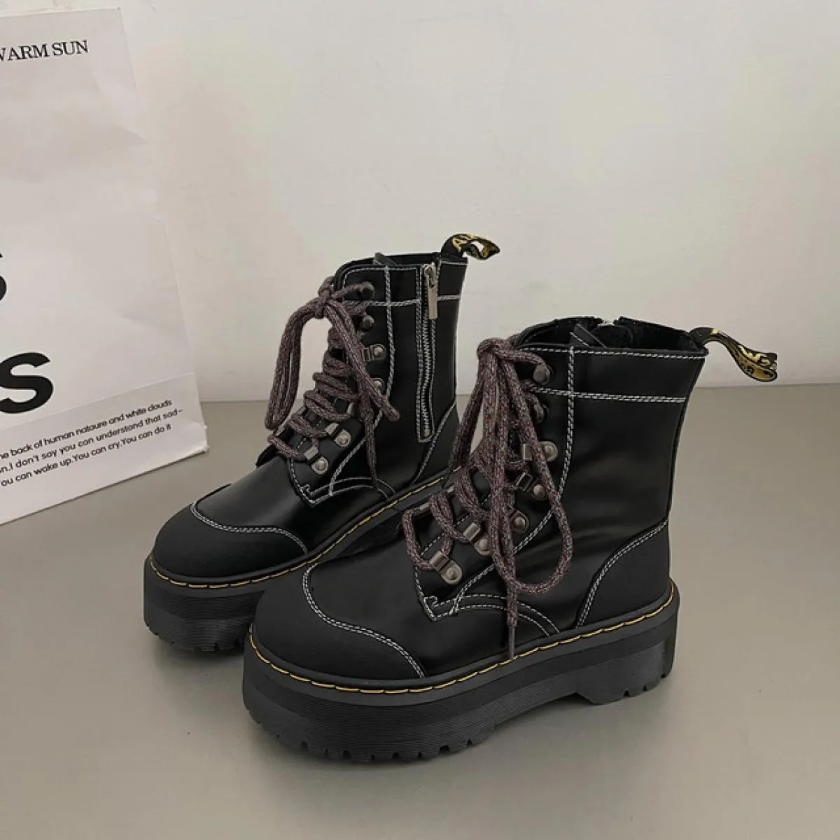Stivaletti da donna Stivaletti da moto con fascia spessa e plateau Scarpe invernali da donna Stivaletti corti con punta tonda fi
