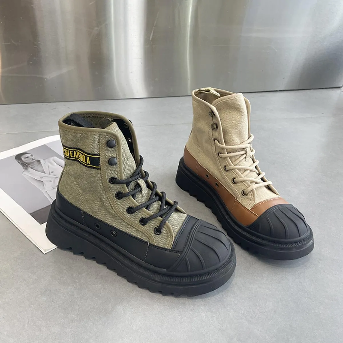Stivaletti grossi da donna Stivaletti di tela con lacci Punta a conchiglia Scarpe con fondo spesso Stivaletti da donna Autunno I