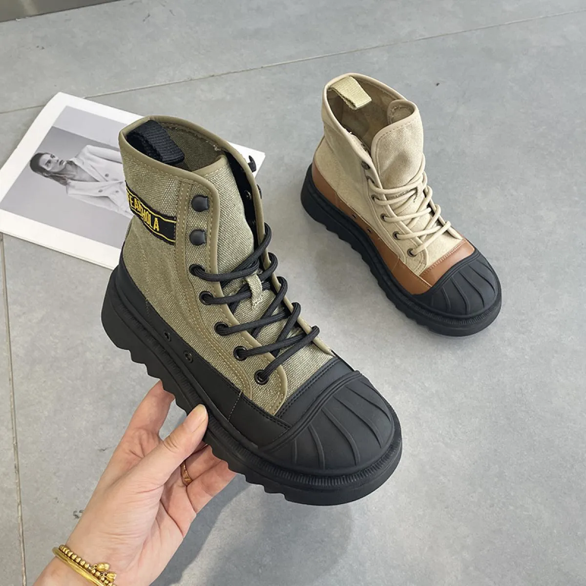 Stivaletti grossi da donna Stivaletti di tela con lacci Punta a conchiglia Scarpe con fondo spesso Stivaletti da donna Autunno I