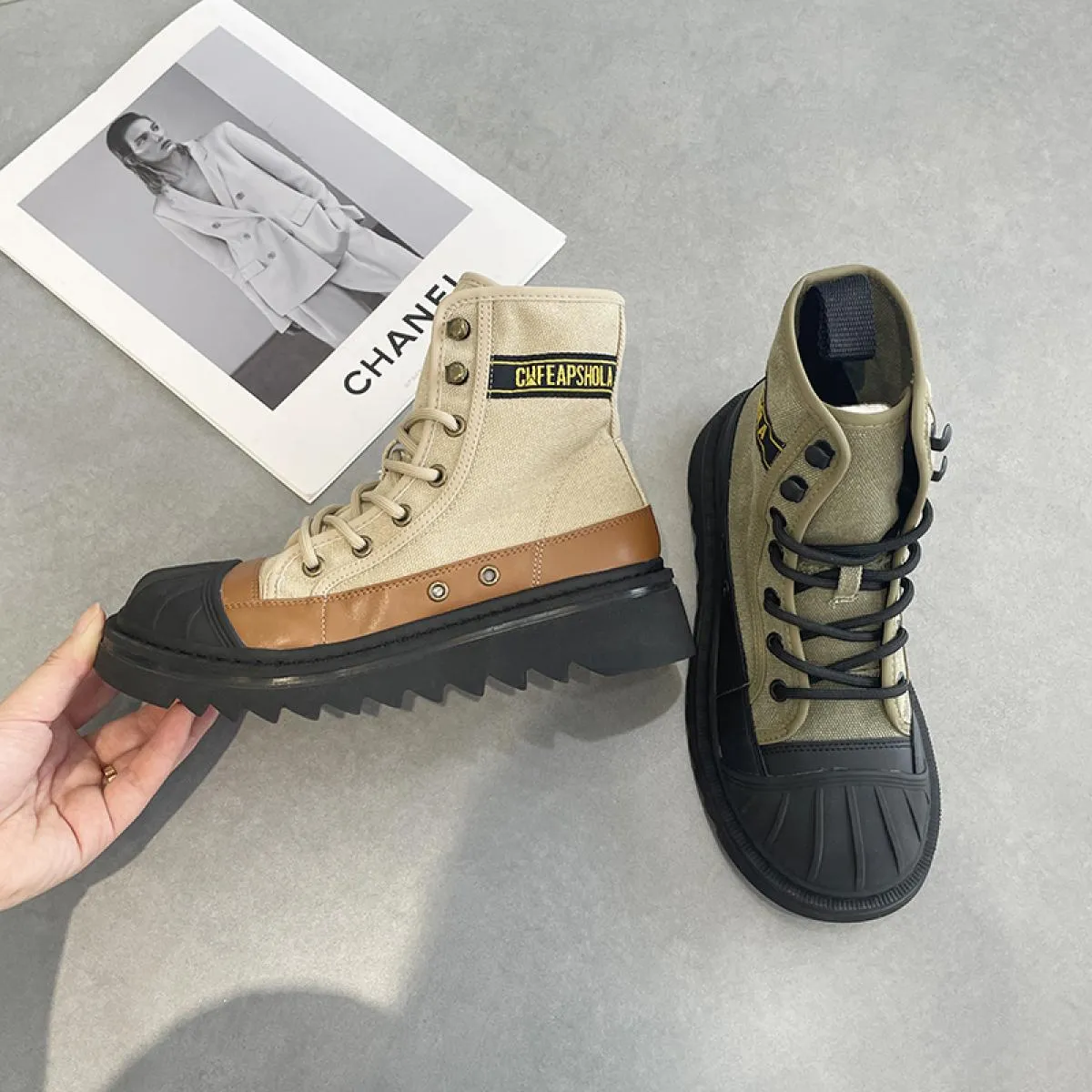 Stivaletti grossi da donna Stivaletti di tela con lacci Punta a conchiglia Scarpe con fondo spesso Stivaletti da donna Autunno I
