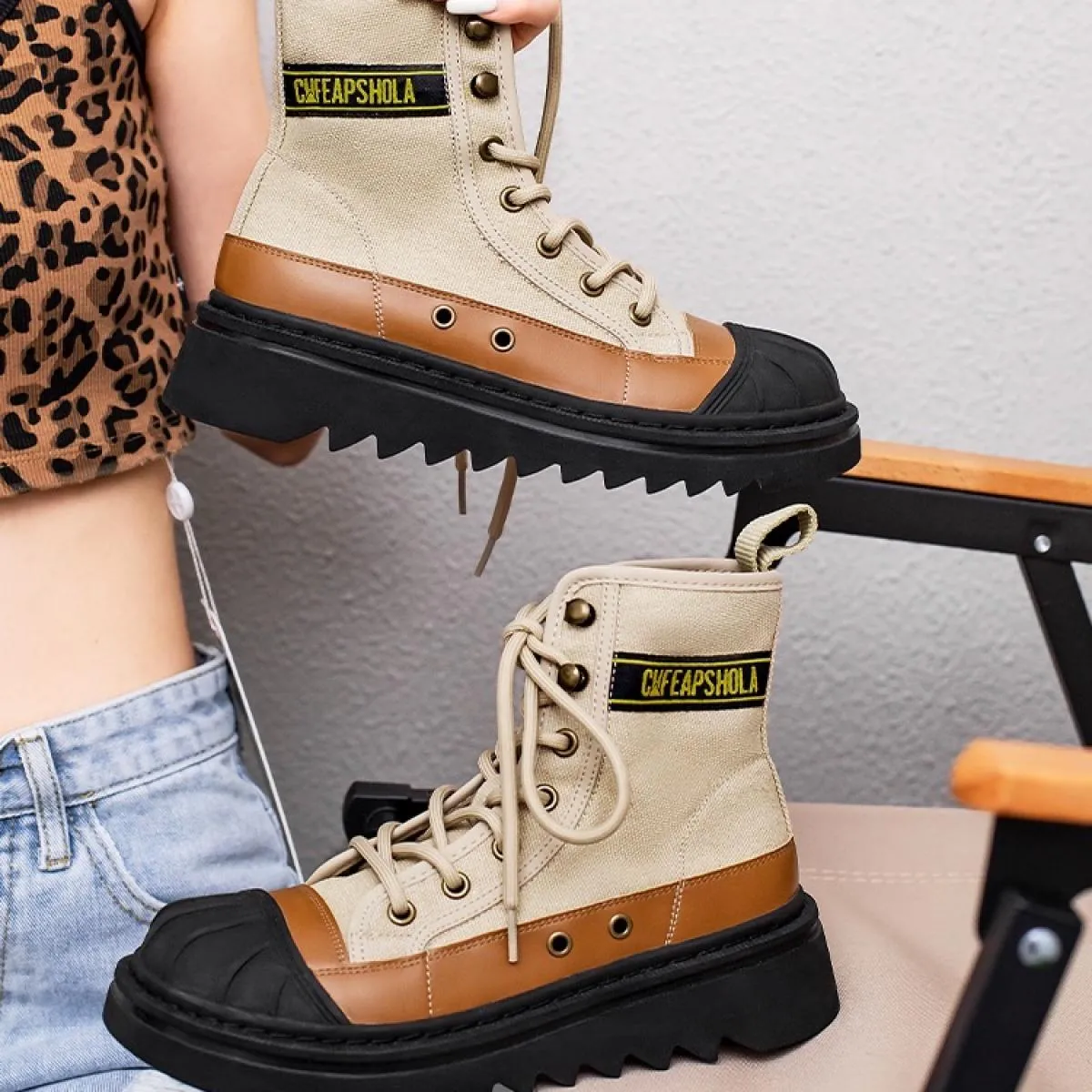 Stivaletti grossi da donna Stivaletti di tela con lacci Punta a conchiglia Scarpe con fondo spesso Stivaletti da donna Autunno I