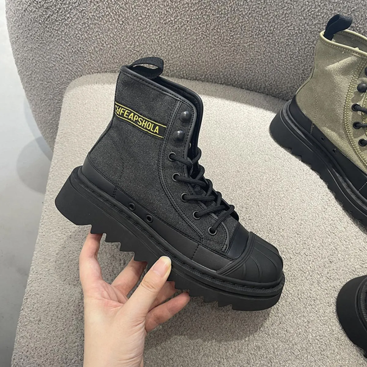 Stivaletti grossi da donna Stivaletti di tela con lacci Punta a conchiglia Scarpe con fondo spesso Stivaletti da donna Autunno I