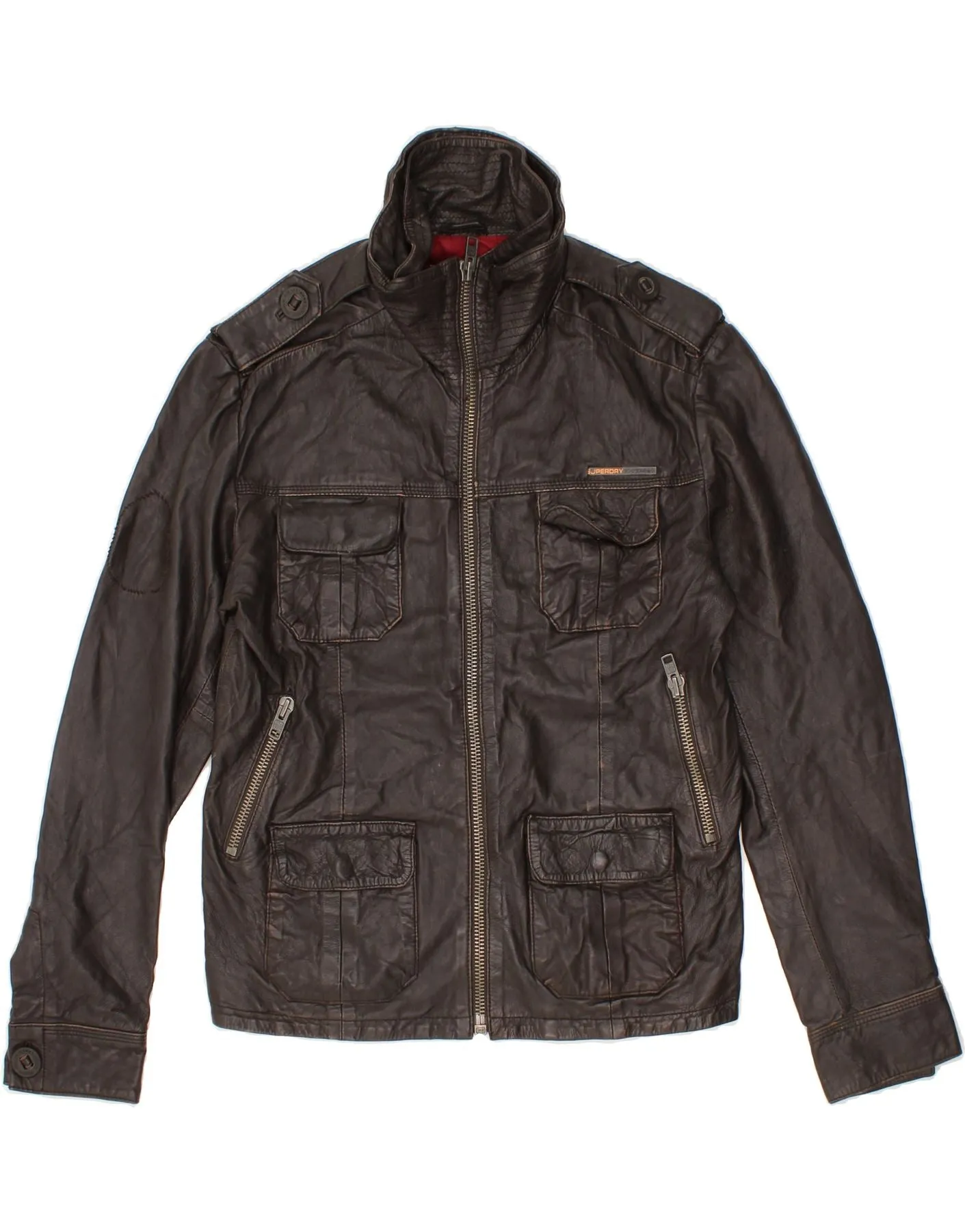 SUPERDRY Mens Military Leather Jacket UK 38 Medium Brown Leather