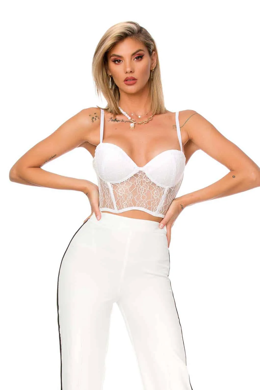 Top crop in pizzo bianco elasticizzato