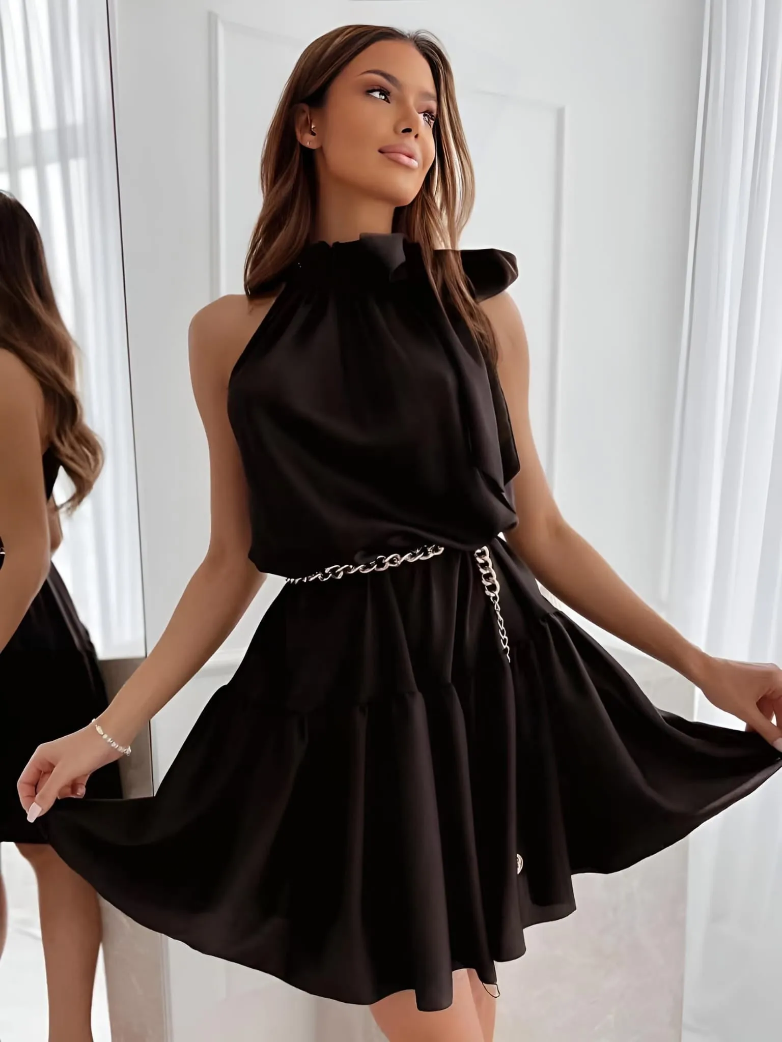Vestito Donna Morbido Gonna Campana Volant Fiocco Giromanica Casual Elegante