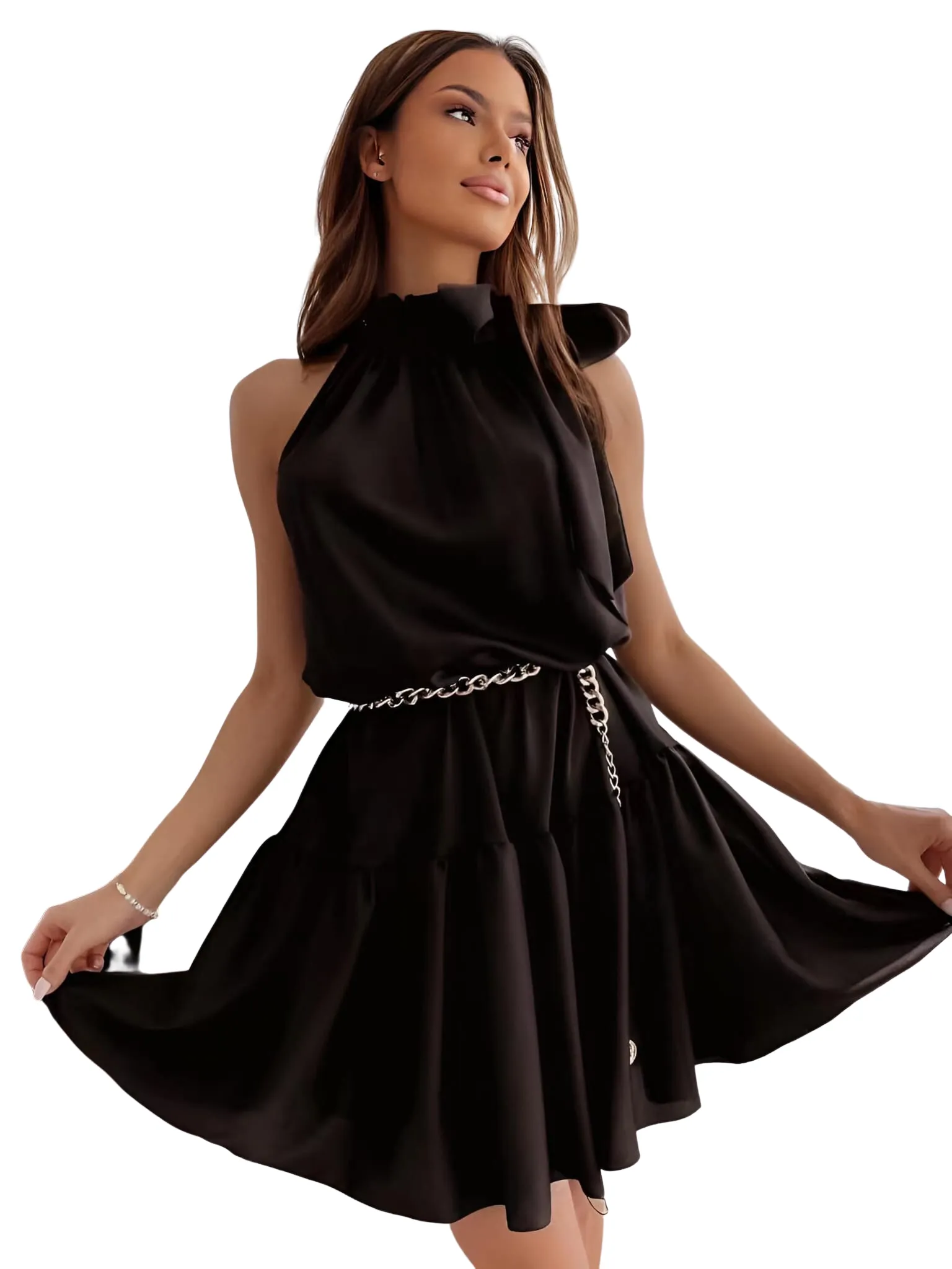 Vestito Donna Morbido Gonna Campana Volant Fiocco Giromanica Casual Elegante