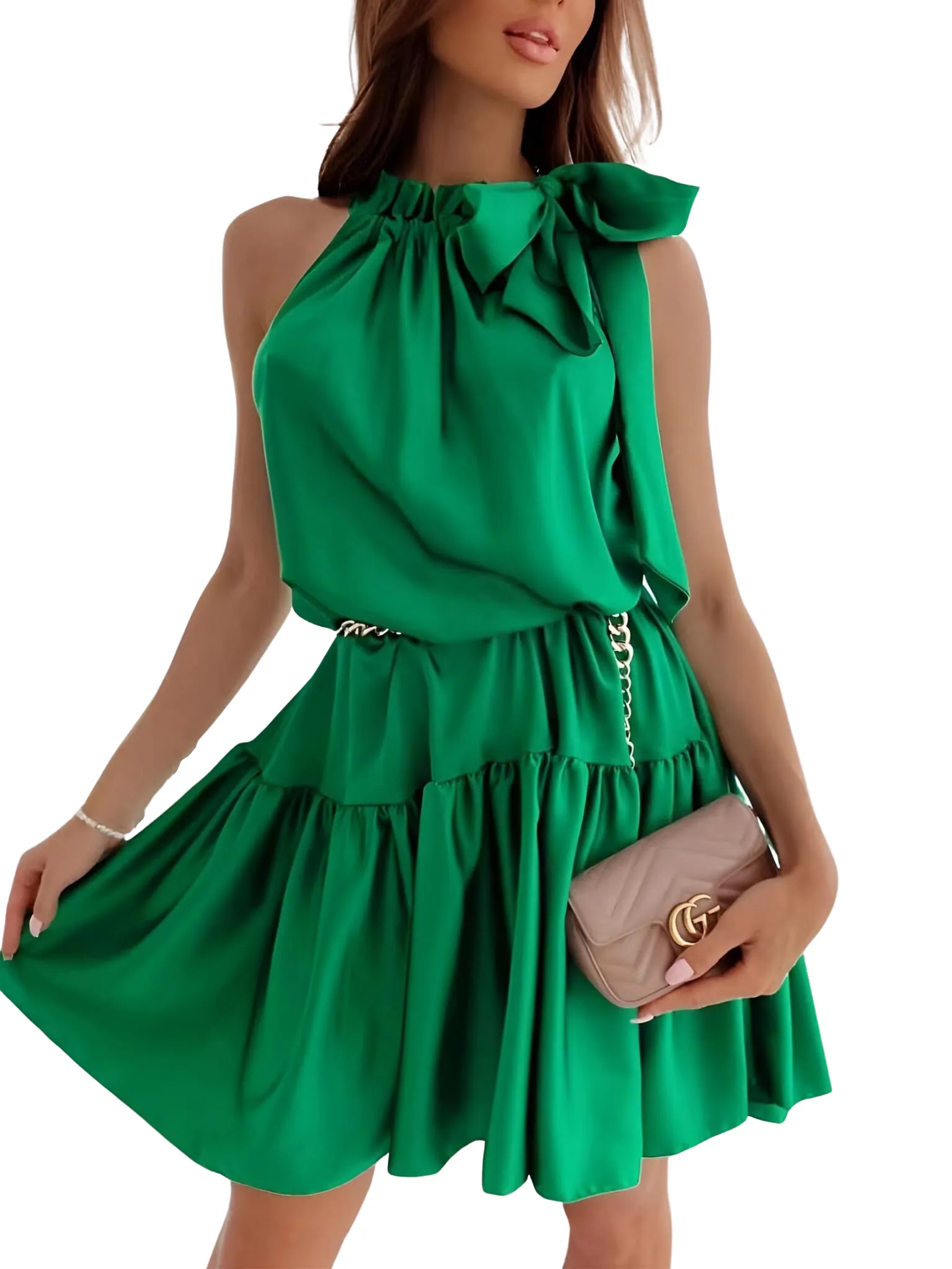 Vestito Donna Morbido Gonna Campana Volant Fiocco Giromanica Casual Elegante