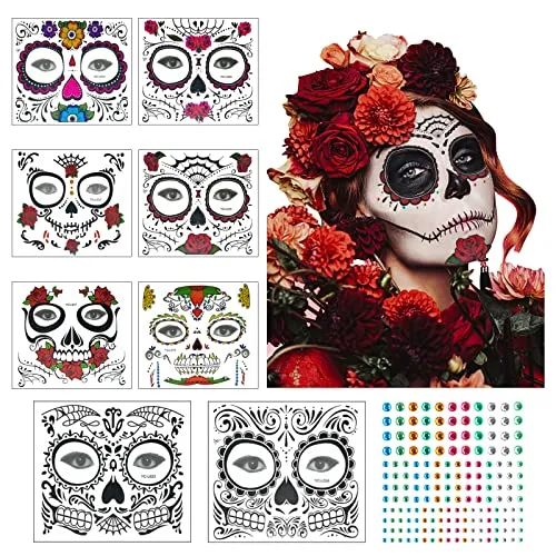 ZERHOK Halloween Tatuaggi di Faccia,8 PCS Halloween Tatuaggi Temporanei Moda Decorazione Festa a Tema Halloween Festa in Festa d