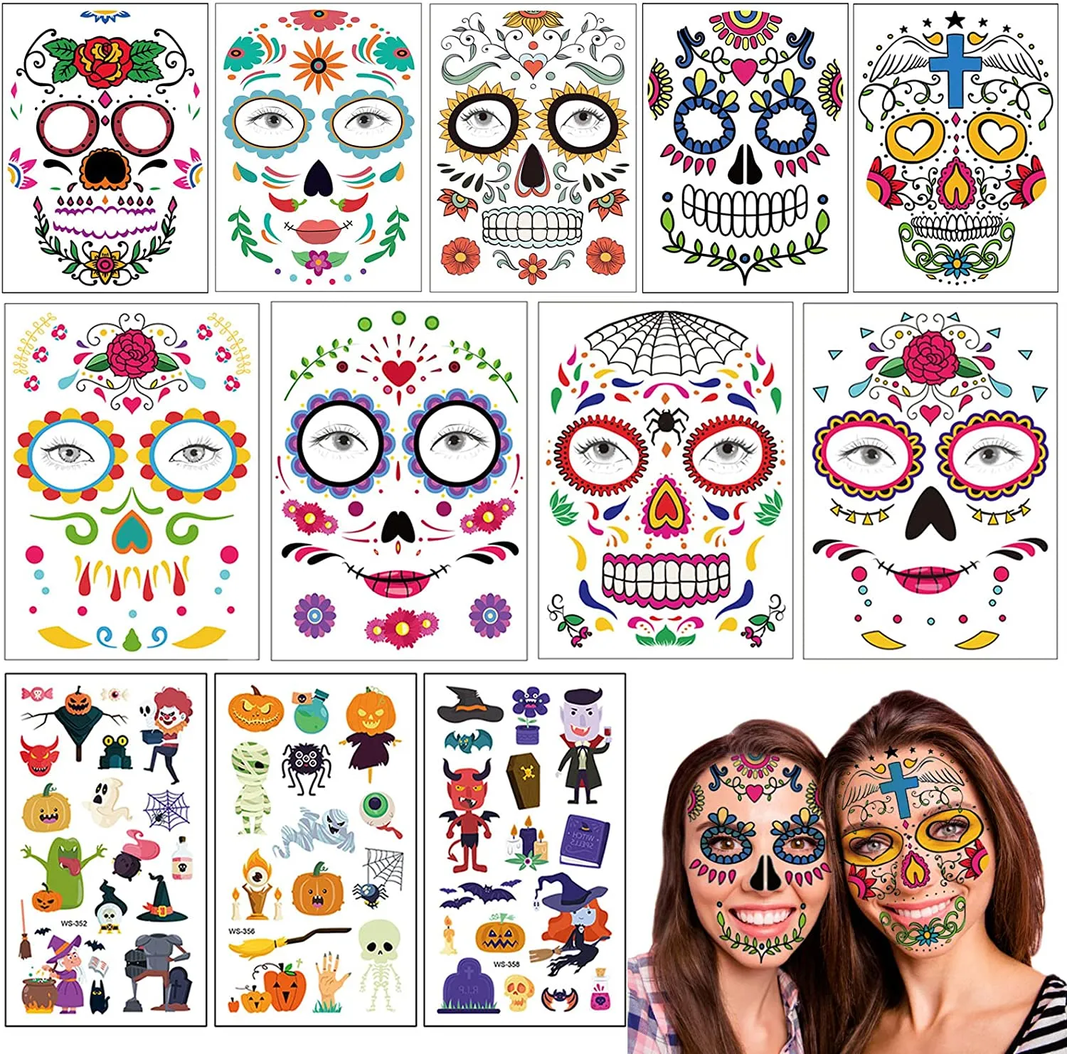 ZOCONE 12 Fogli Halloween Tatuaggi Temporanei Viso, Cranio Ragno Scheletro Rose Lanterna di Zucca Vampirina Demone Adesivi per T