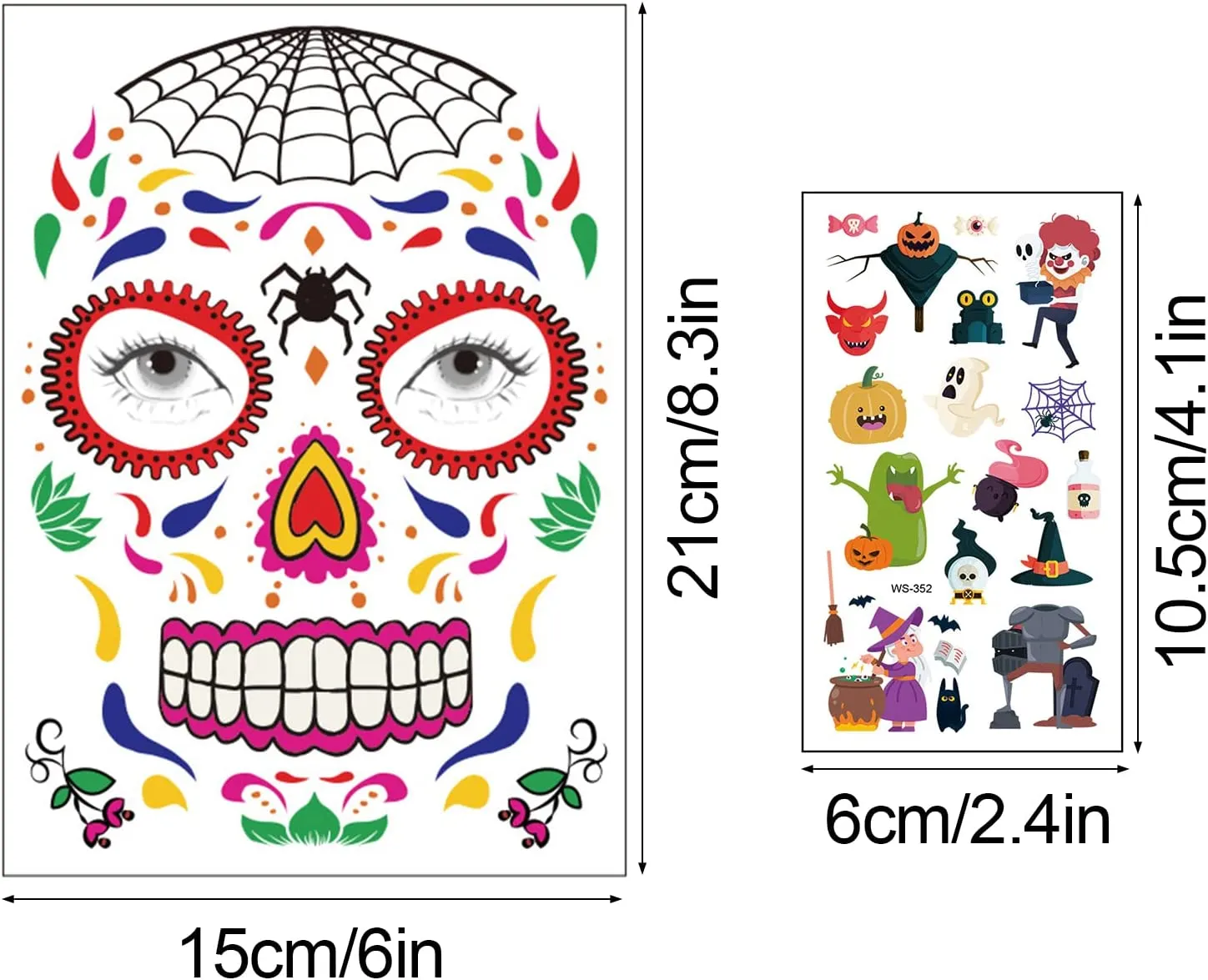 ZOCONE 12 Fogli Halloween Tatuaggi Temporanei Viso, Cranio Ragno Scheletro Rose Lanterna di Zucca Vampirina Demone Adesivi per T