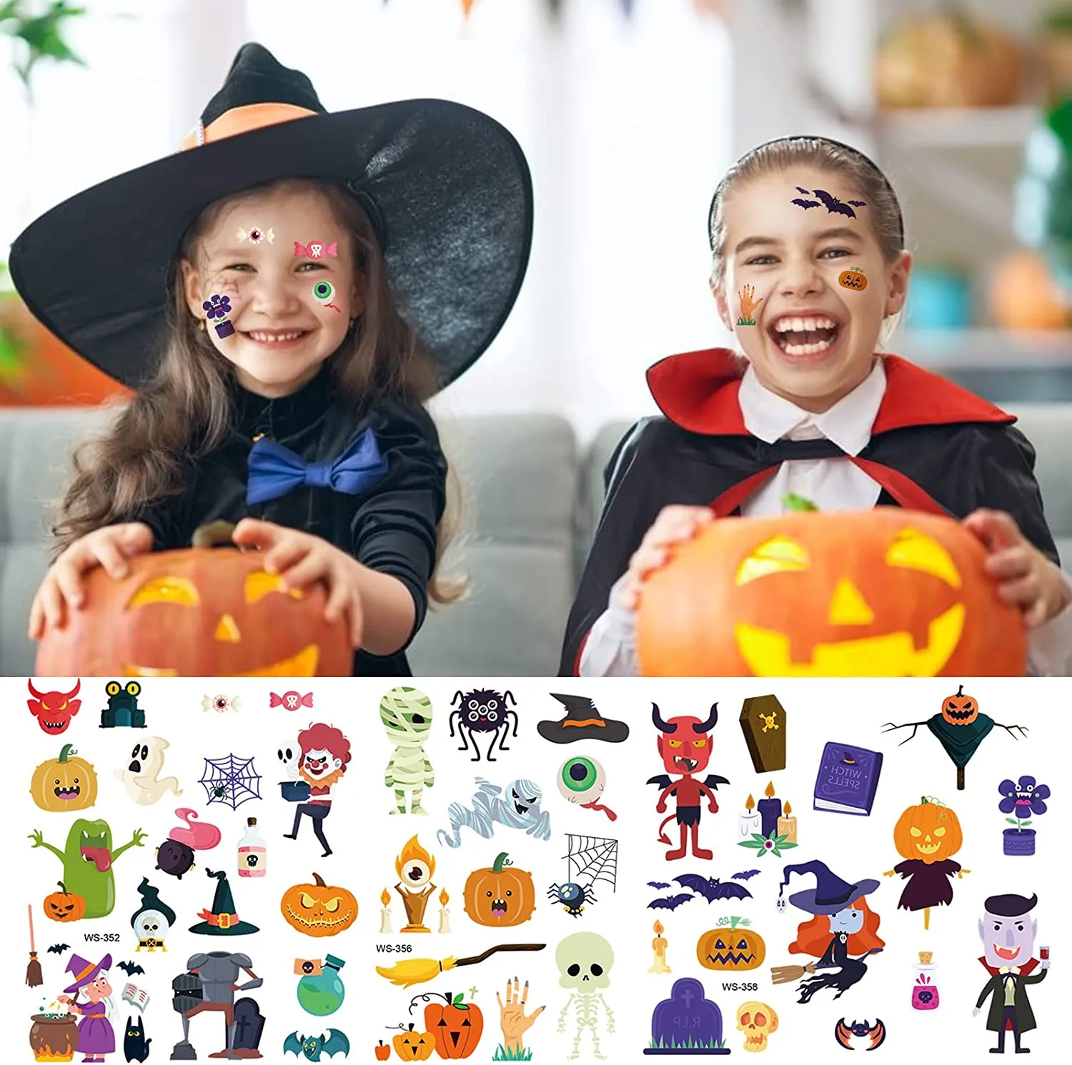 ZOCONE 12 Fogli Halloween Tatuaggi Temporanei Viso, Cranio Ragno Scheletro Rose Lanterna di Zucca Vampirina Demone Adesivi per T