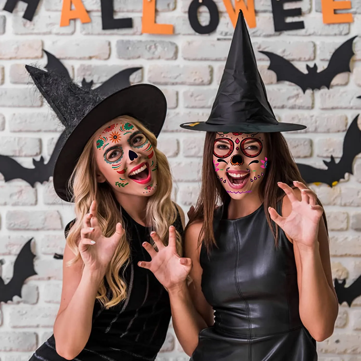 ZOCONE 12 Fogli Halloween Tatuaggi Temporanei Viso, Cranio Ragno Scheletro Rose Lanterna di Zucca Vampirina Demone Adesivi per T