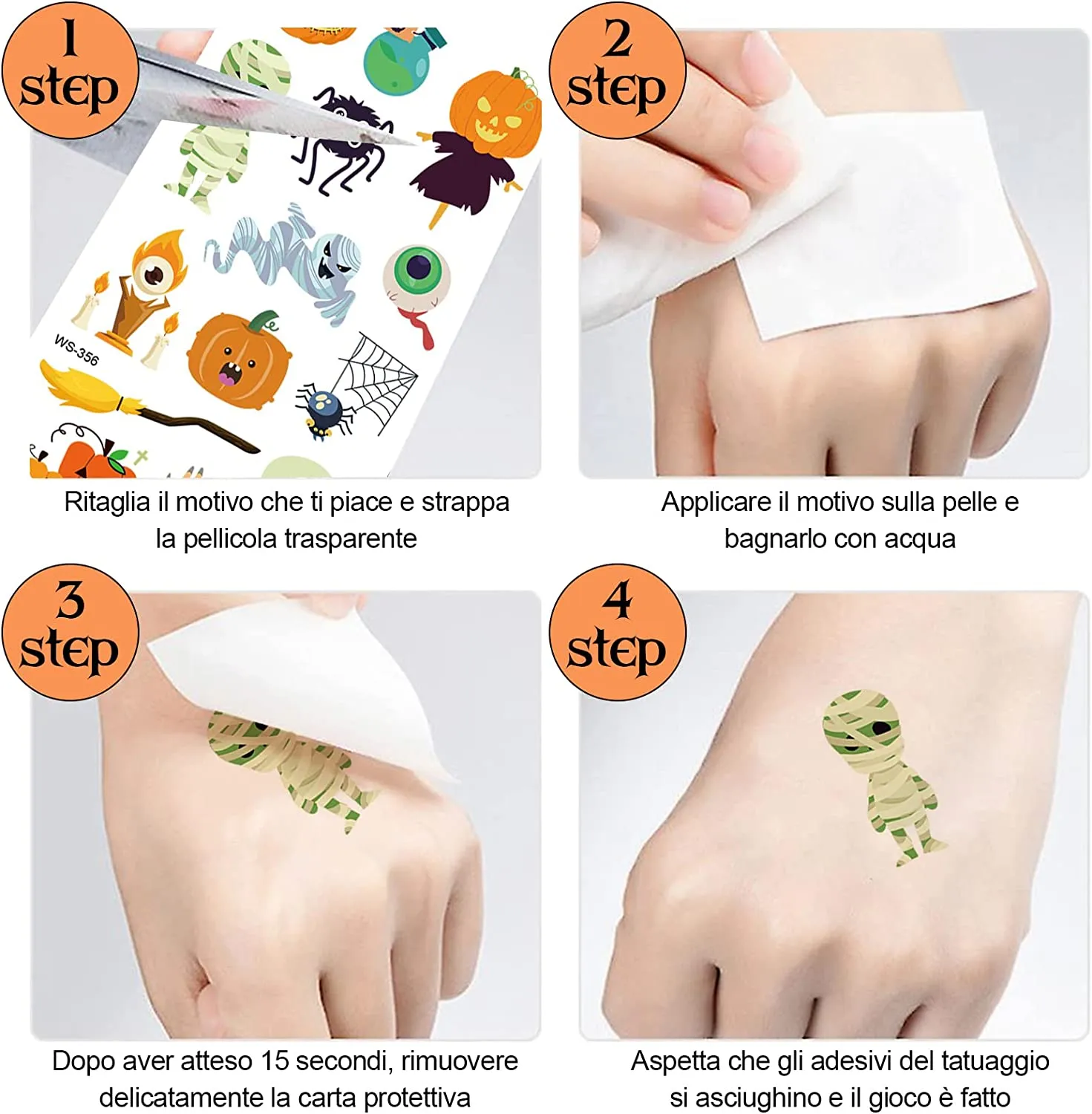 ZOCONE 12 Fogli Halloween Tatuaggi Temporanei Viso, Cranio Ragno Scheletro Rose Lanterna di Zucca Vampirina Demone Adesivi per T