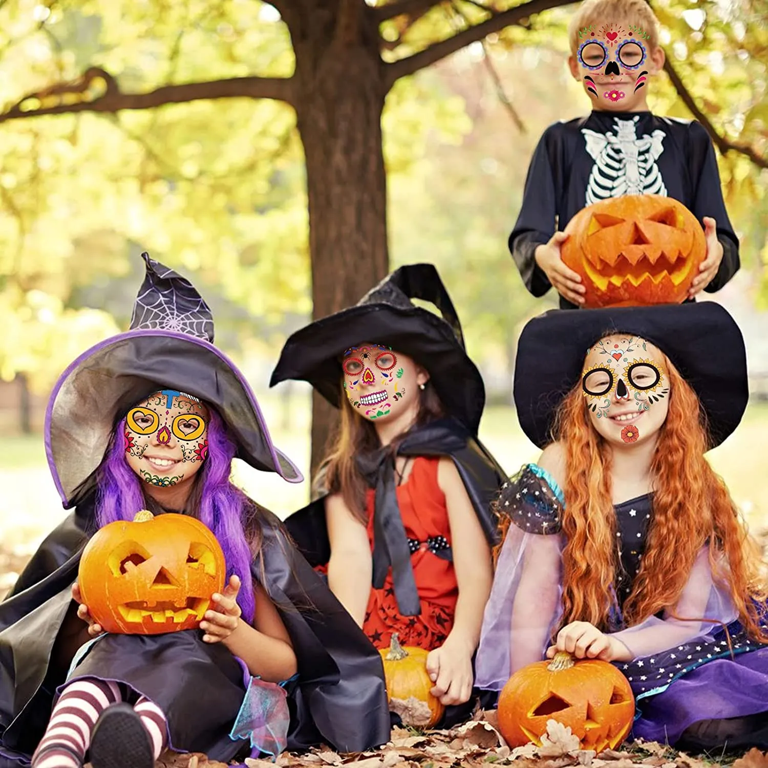 ZOCONE 12 Fogli Halloween Tatuaggi Temporanei Viso, Cranio Ragno Scheletro Rose Lanterna di Zucca Vampirina Demone Adesivi per T